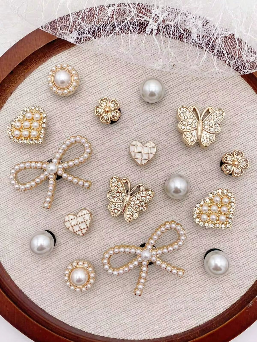 16pcs Rhinestone Bowknot Pearl Heart ABS Resin Shoe Charms DIY Detachable - Personalized Footwear Accessories