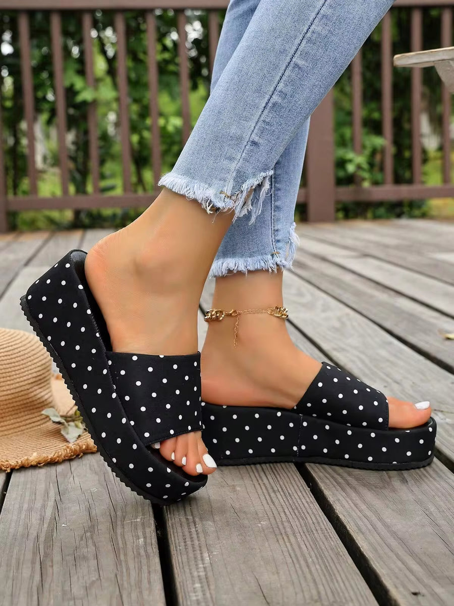 NANBEI ZUO Classic Black & White Polka Dot Print Women's Thick Sole Wedge Sandals, Summer New Minimalist Round Toe Height-Increasing Wedge Sandals, Lightweight Casual Indoor/Outdoor Sandals