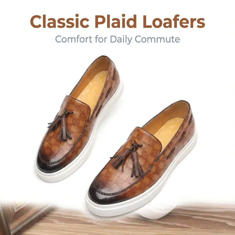 Men's Brown Checkered Tassel Loafers, Vintage Retro Slip On Casual Sneakers With Thick White Rubber Sole For Daily Commute