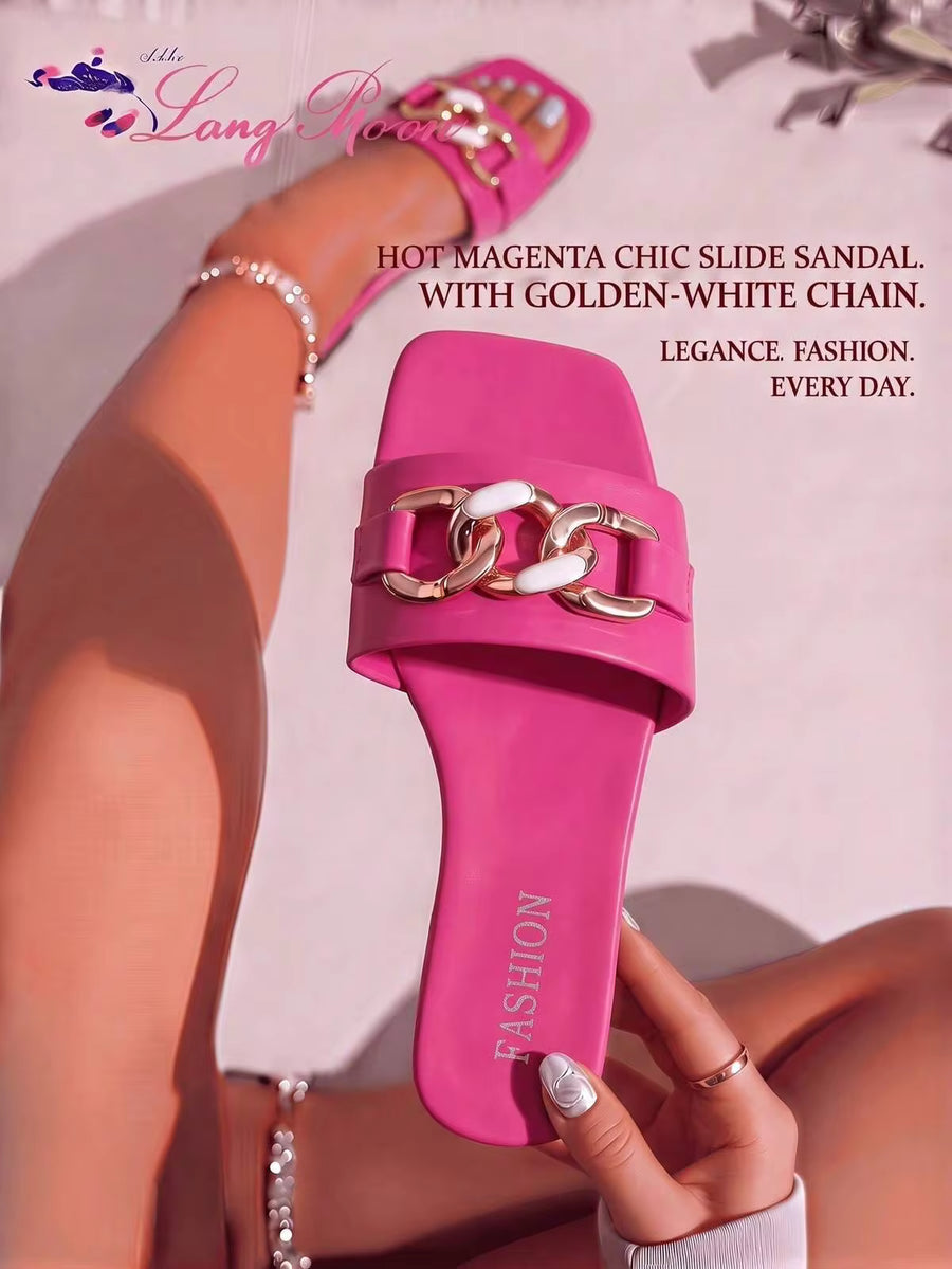 LangMoon Ashlee LangMoon 2026 Fuchsia Women's Fashion Slide Sandals, Chain Rhinestone Details, Avant-Garde Designs, Comfortable Flat Soles. Versatile, Sexy, Elegant, Cute. Daily Casual Wear, Beach, Holiday, Outdoor, Home, Commute, Party, Resort Wear